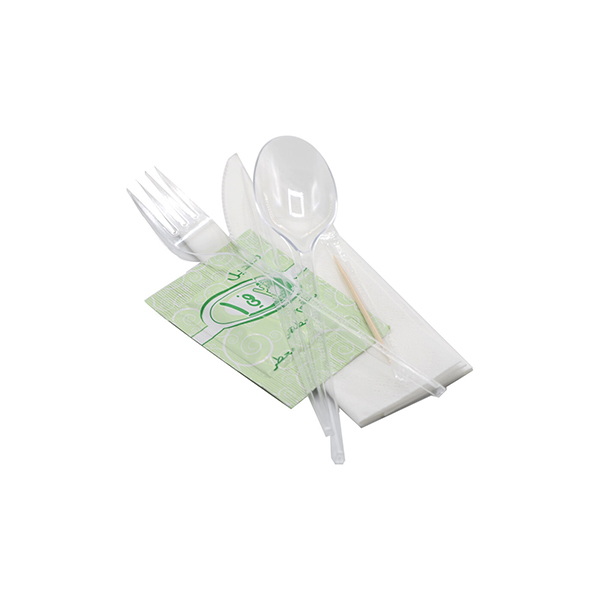 AboSaham Disposable Plastic Pack (Spoon-Fork-Knife-Tissue-Wet tissue-Toothpick),(10 Pcs * 12 Pkts), 120 Pcs | Carton